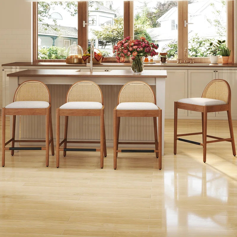 Emington Modern Stools with Rattan Backrests and Wood Frame