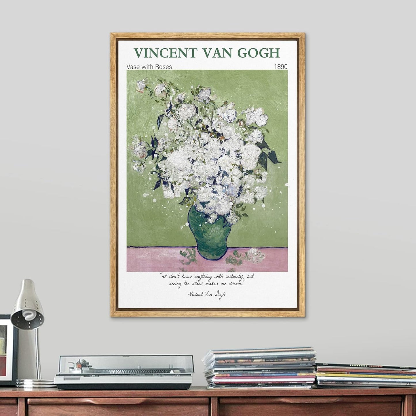 Framed Canvas Print Wall Art Van Gogh Vase with White Roses Floral Brushstroke Illustrations Expressionism Traditional Colorful Multicolor Pastel for Living Room, Bedroom, Office - 24"X36" Natural