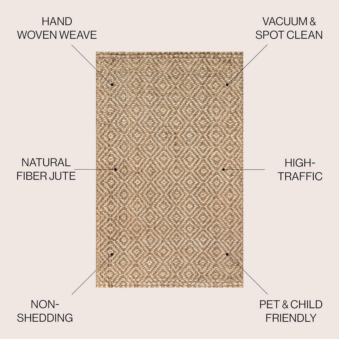 NFR100A-8 Hira Hand Woven Diamond Chunky Jute Indoor Area-Rug Bohemian Farmhouse Easy-Cleaning Bedroom Kitchen Living Room Non Shedding, 92" X 120", Natural Color
