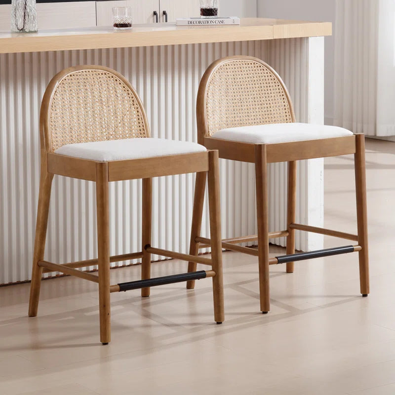 Emington Modern Stools with Rattan Backrests and Wood Frame