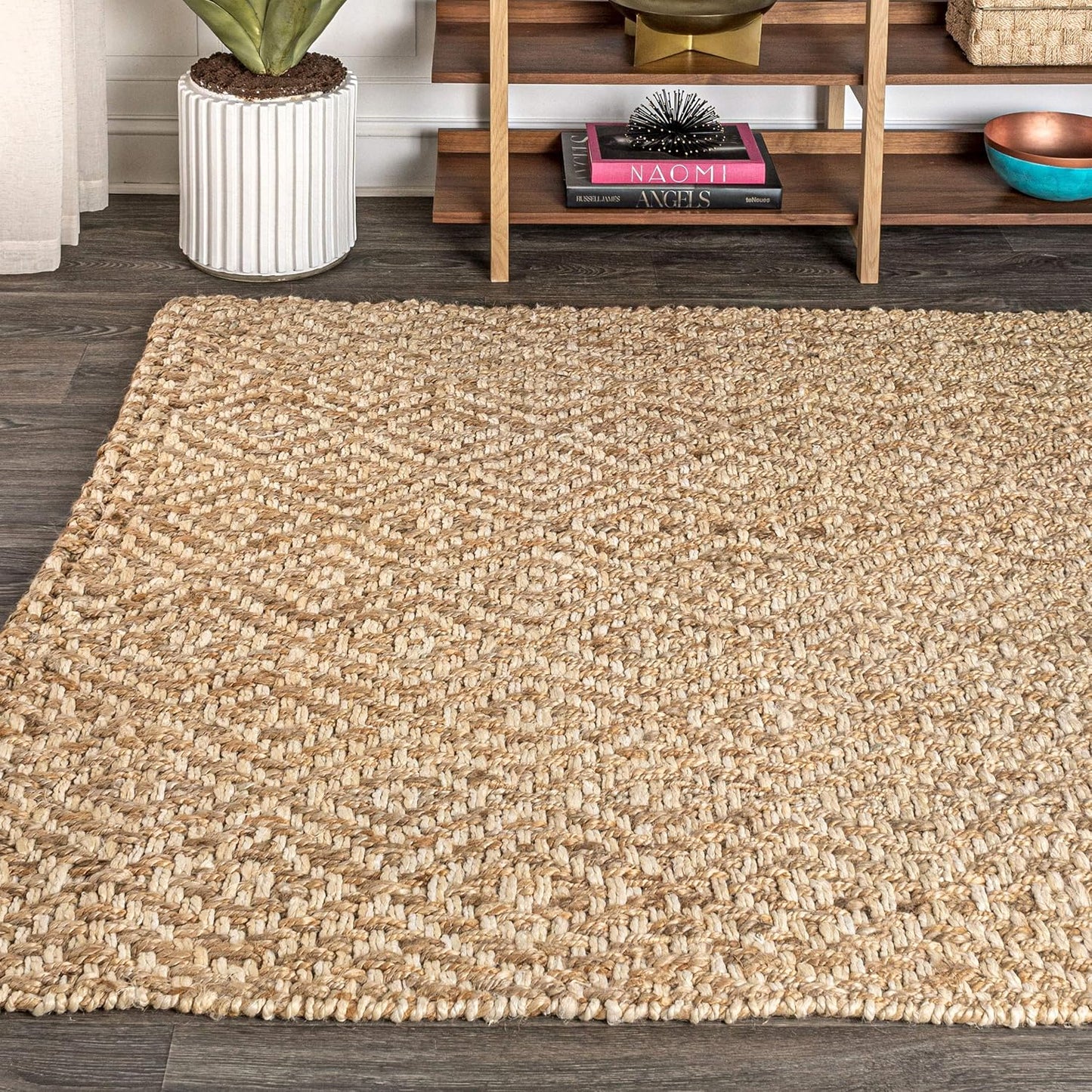 NFR100A-8 Hira Hand Woven Diamond Chunky Jute Indoor Area-Rug Bohemian Farmhouse Easy-Cleaning Bedroom Kitchen Living Room Non Shedding, 92" X 120", Natural Color