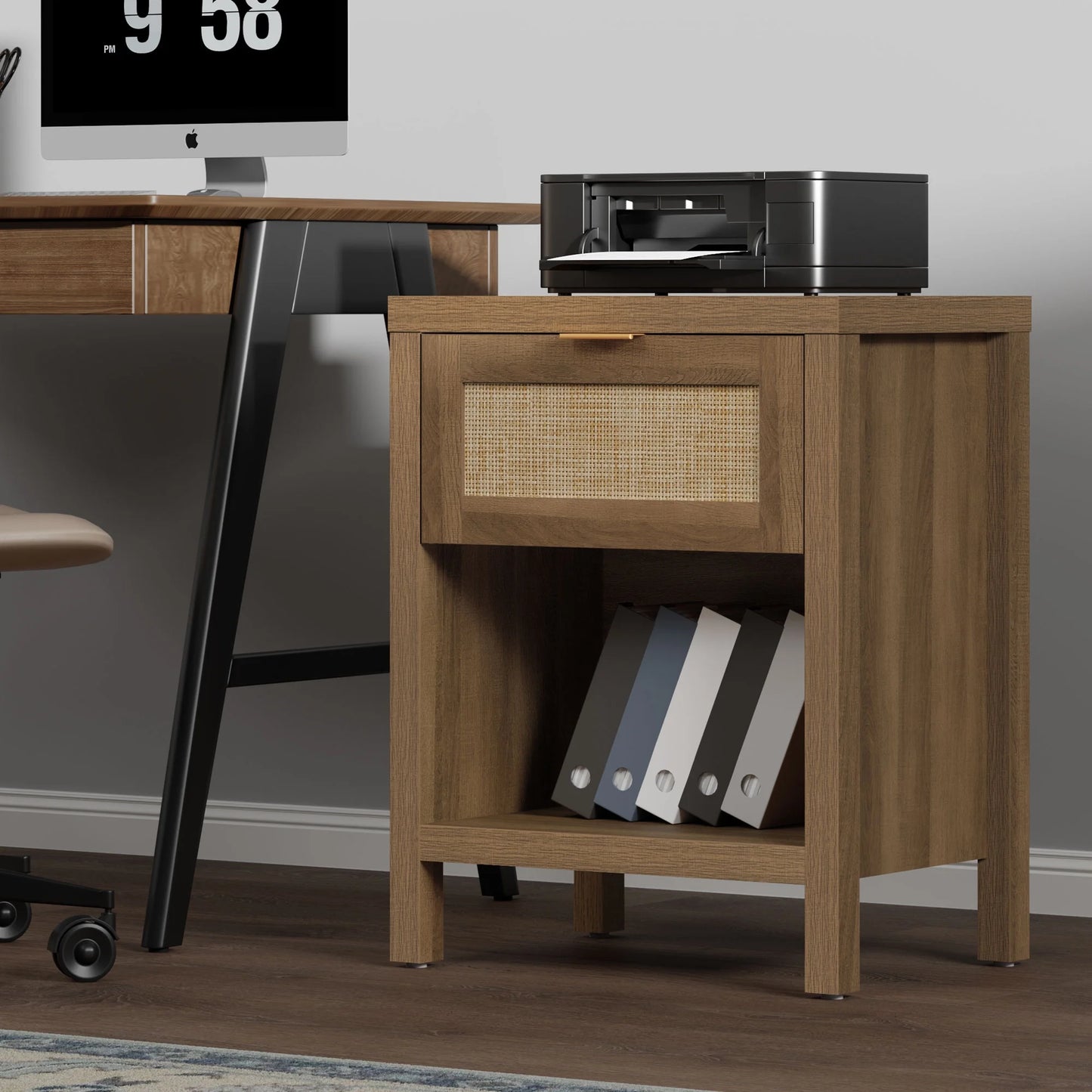 Rattan Nightstand Bedside Table with Drawer and Storage Shelf,Natural Boho Night Stand End Table Side Table for Bedroom, Living Room