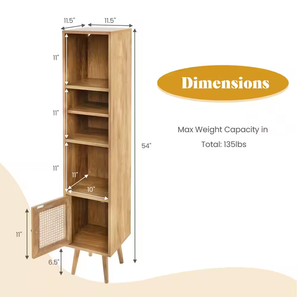 Natural Rattan Storage Cabinet Freestanding Slim Organizer Wood Display Rack Living Room