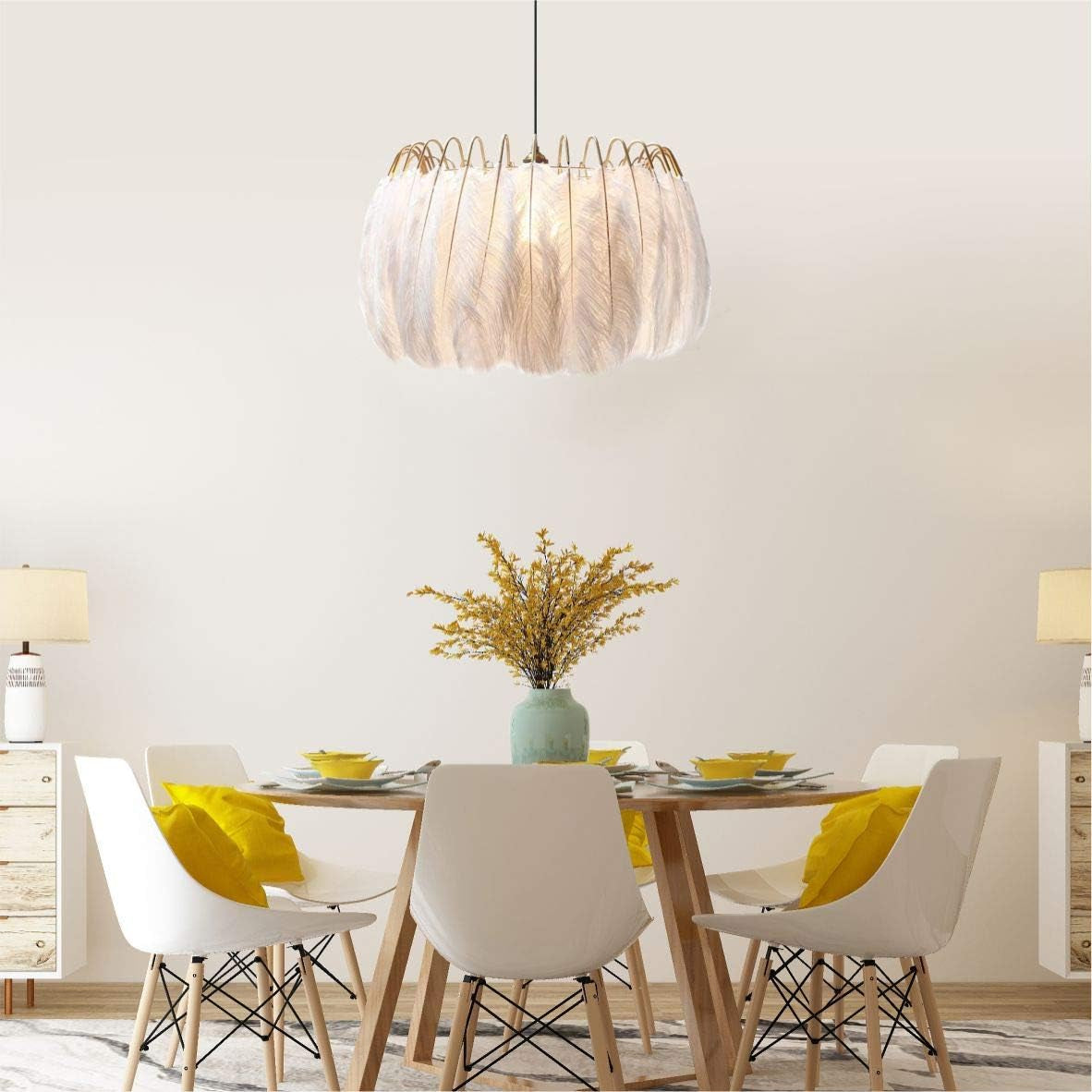 Lighting Nordic White Feather Chandelier Minimalist Decor Pendant Light Beautiful Adjustable Hanging Light for Bedroom Girls Room (Large)