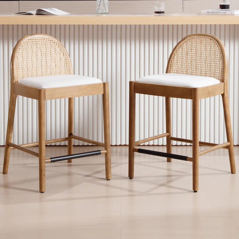 Emington Modern Stools with Rattan Backrests and Wood Frame