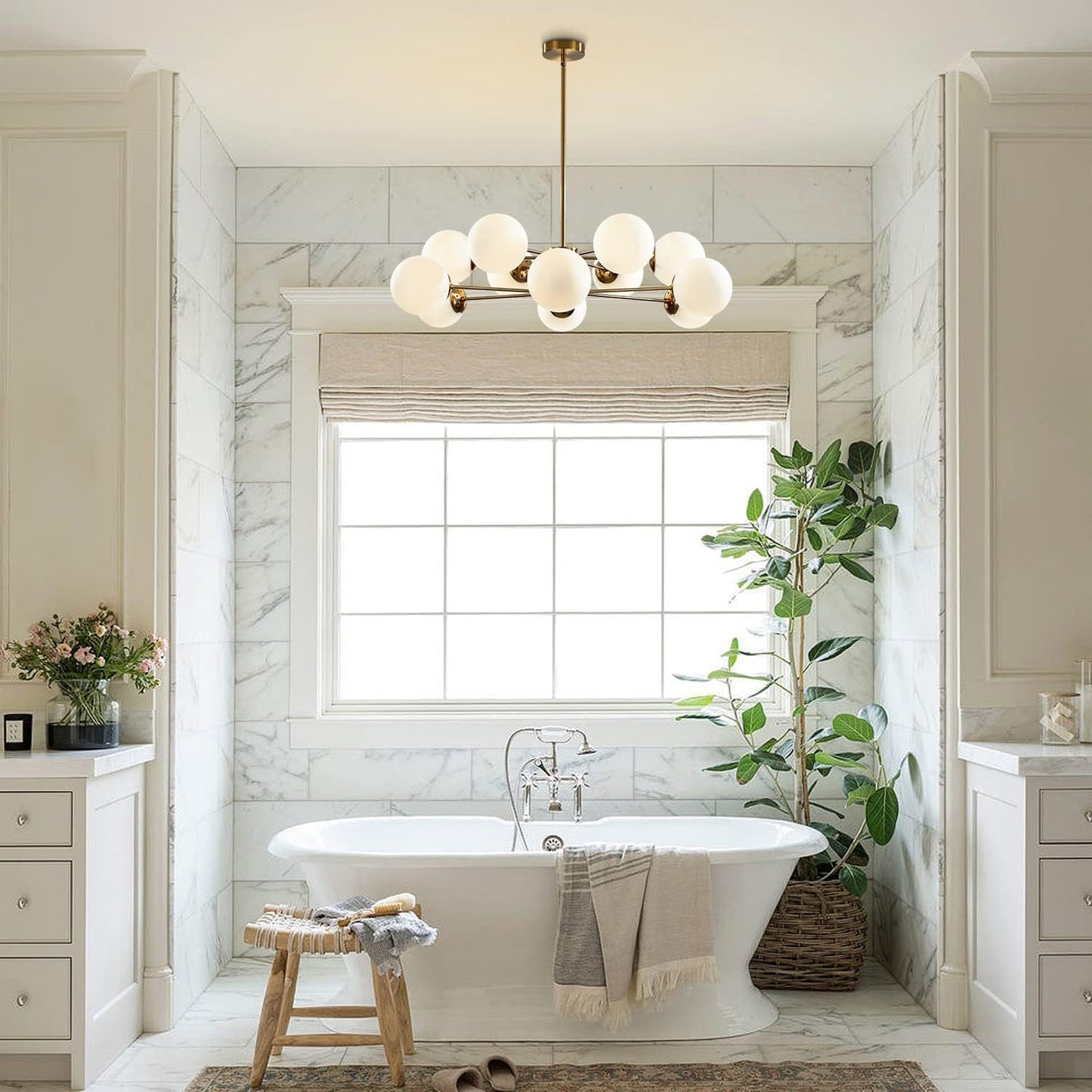 Lighting 12-Light Glass Globe Sputnik Chandelier Light Fixture Mid Century Modern Chandeliers Brushed Brass Chandelier Milk White Glass Ceiling Light Fixture (Gold+White)