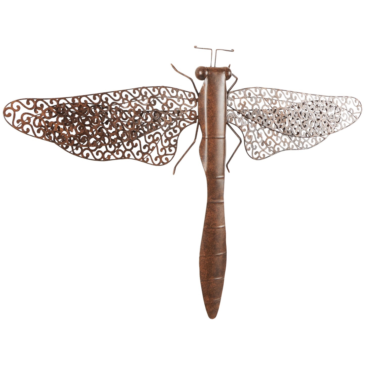 Rustic Metal Dragon Fly with Filligree Scroll Wing Pattern with Brown Textured Finish Wall Décor , 40"W X 30"H