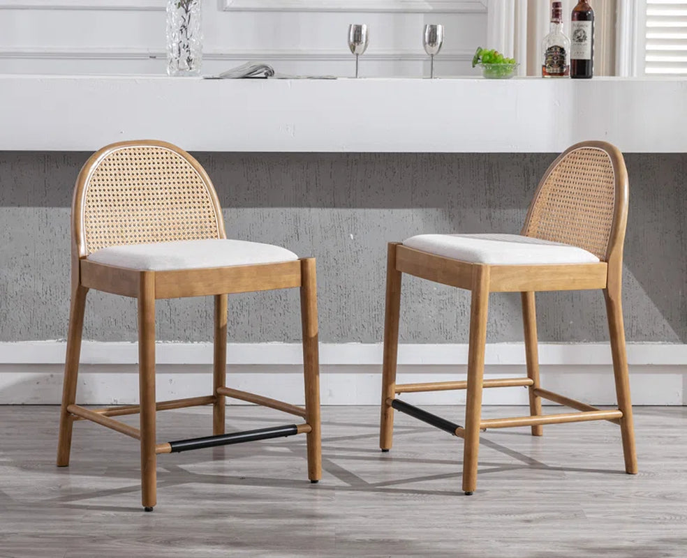 Emington Modern Stools with Rattan Backrests and Wood Frame