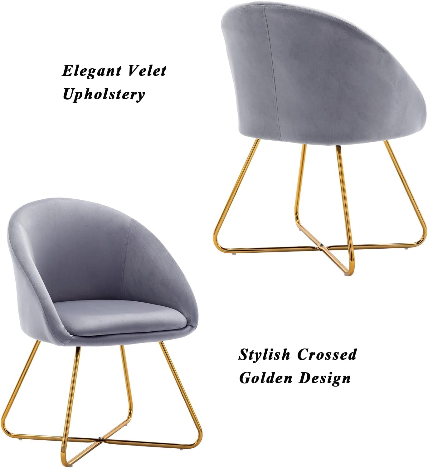 Modern Velvet Dinning Chair with Golden Legs, Lounge Chair Set of 2, Accent Armchair for Living Dining Room Bedroom Reception Chair, Grey