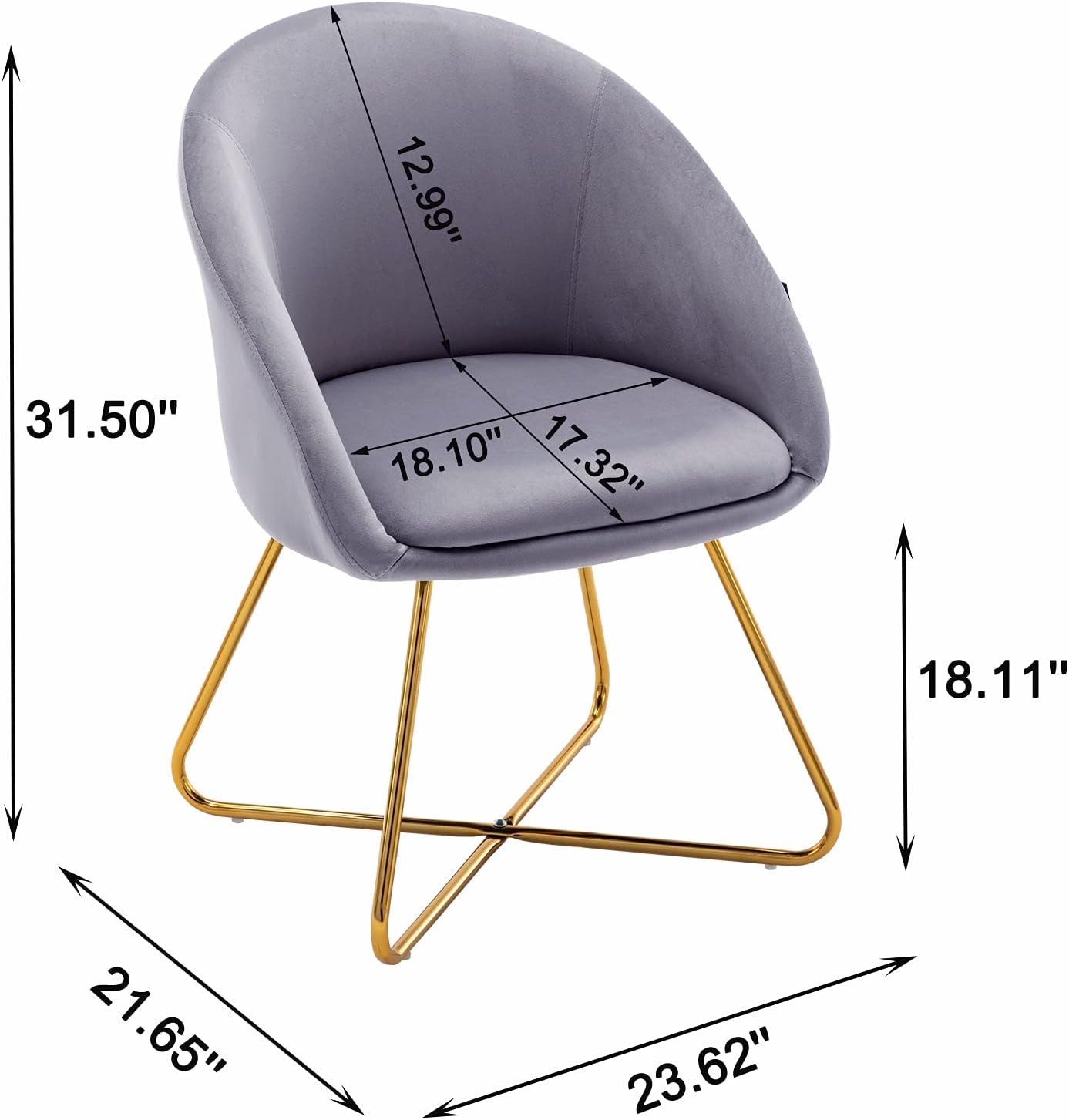 Modern Velvet Dinning Chair with Golden Legs, Lounge Chair Set of 2, Accent Armchair for Living Dining Room Bedroom Reception Chair, Grey