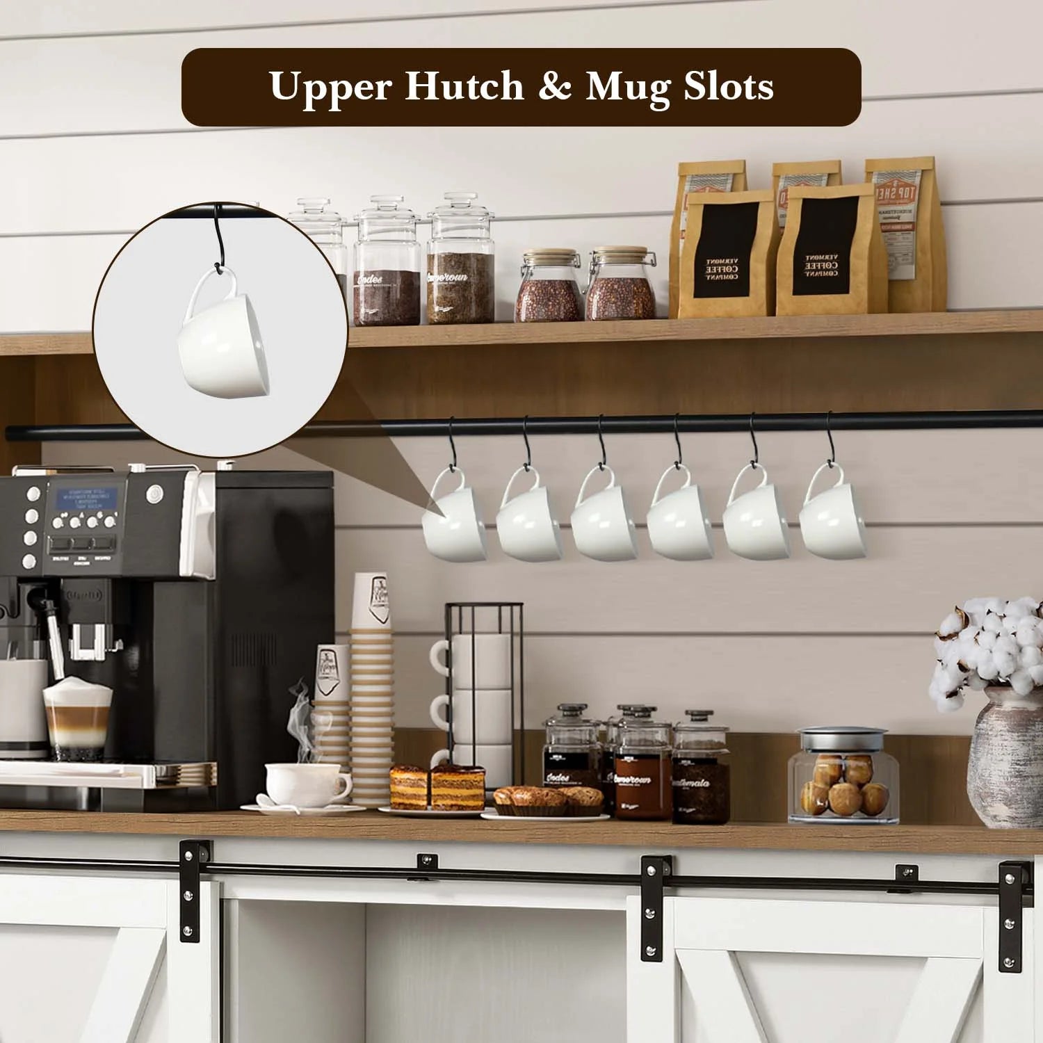 Farmhouse Coffee Bar Cabine, 47" Buffet Cabinet Kitchen Storage Cabinet with Storage Hutch, White