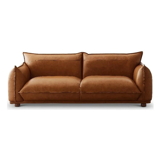 Mid-Century Modern Luxury Living Room Couch in Cognac Tan Leather