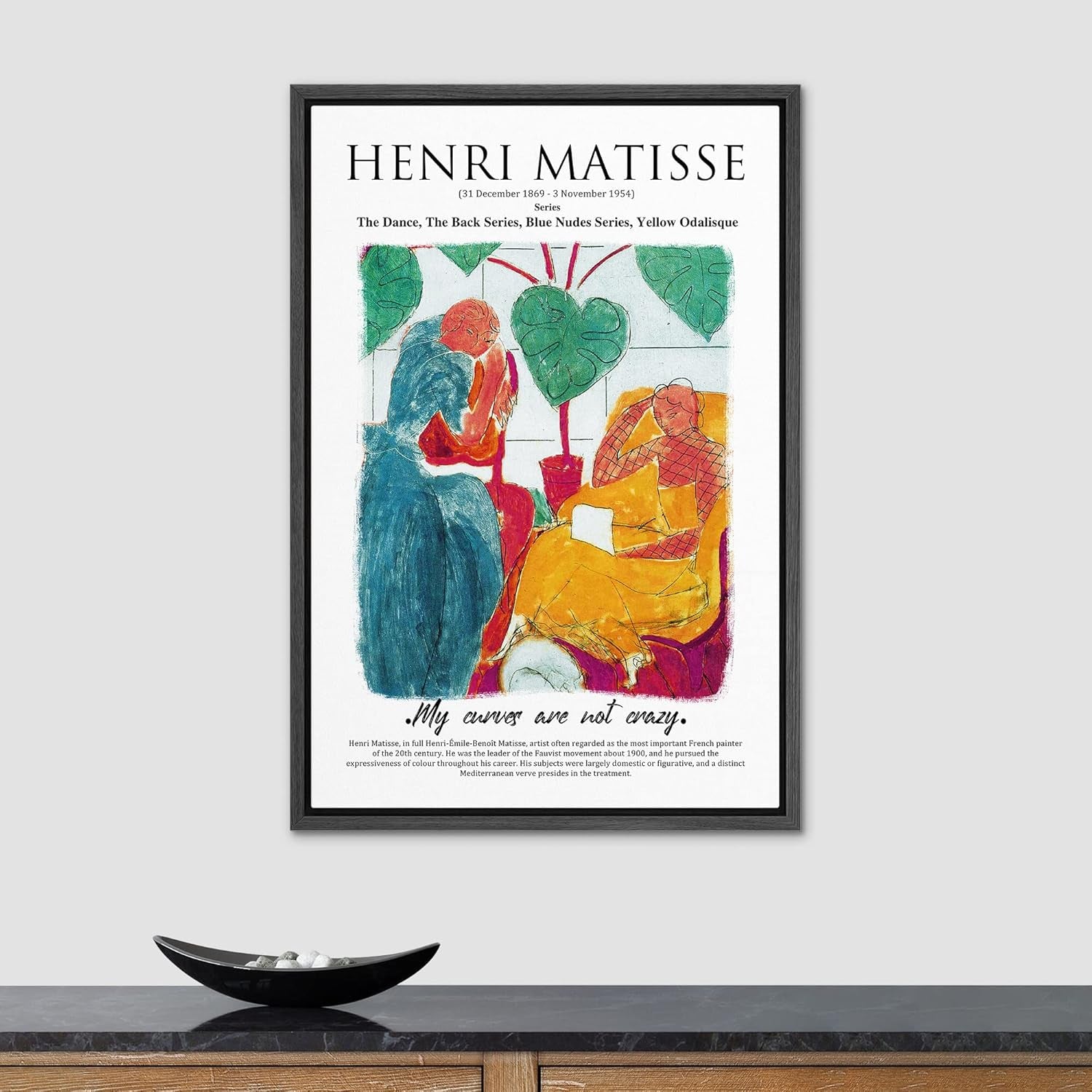 Framed Canvas Print Wall Art Two Women Talking in the Garden People Plants Illustrations Expressionism Chic Relax/Calm Multicolor Ultra for Living Room, Bedroom, Office - 24"X36" BLACK