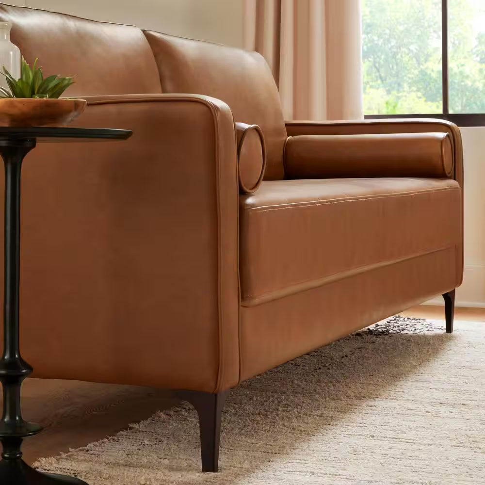 Goodwin 75.6 In. Square Arm Faux Leather Mid-Century Modern Sofa with Bolster Pillows in Caramel Brown