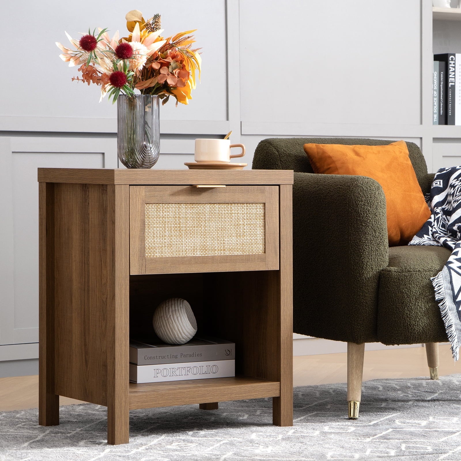 Rattan Nightstand Bedside Table with Drawer and Storage Shelf,Natural Boho Night Stand End Table Side Table for Bedroom, Living Room