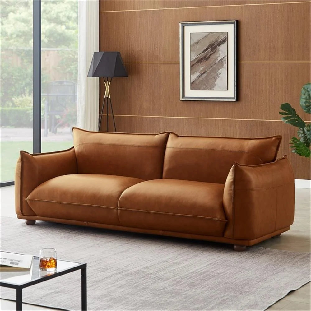 Mid-Century Modern Luxury Living Room Couch in Cognac Tan Leather