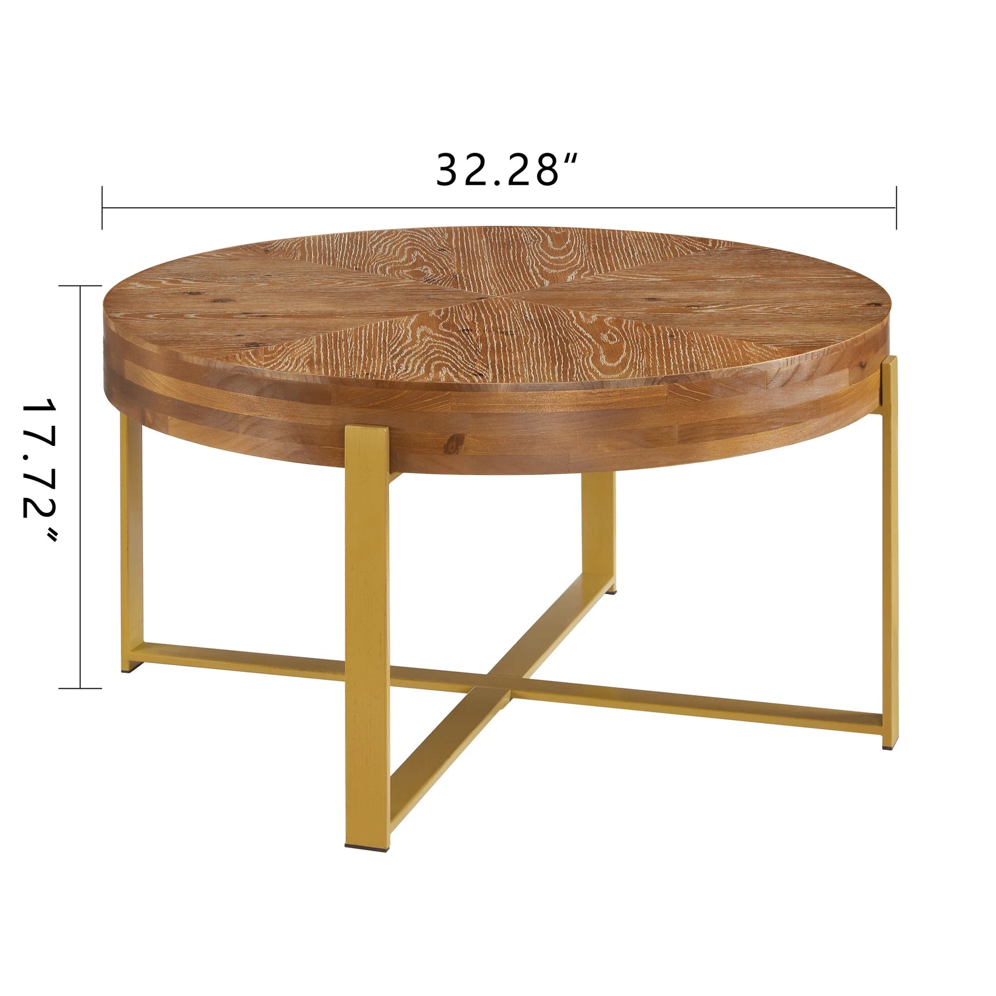 Coffee Table, 32" round Wood Center Table for Living Room, Mid Century Modern Farmhouse round Coffee Table with Gold Metal Legs, Brown