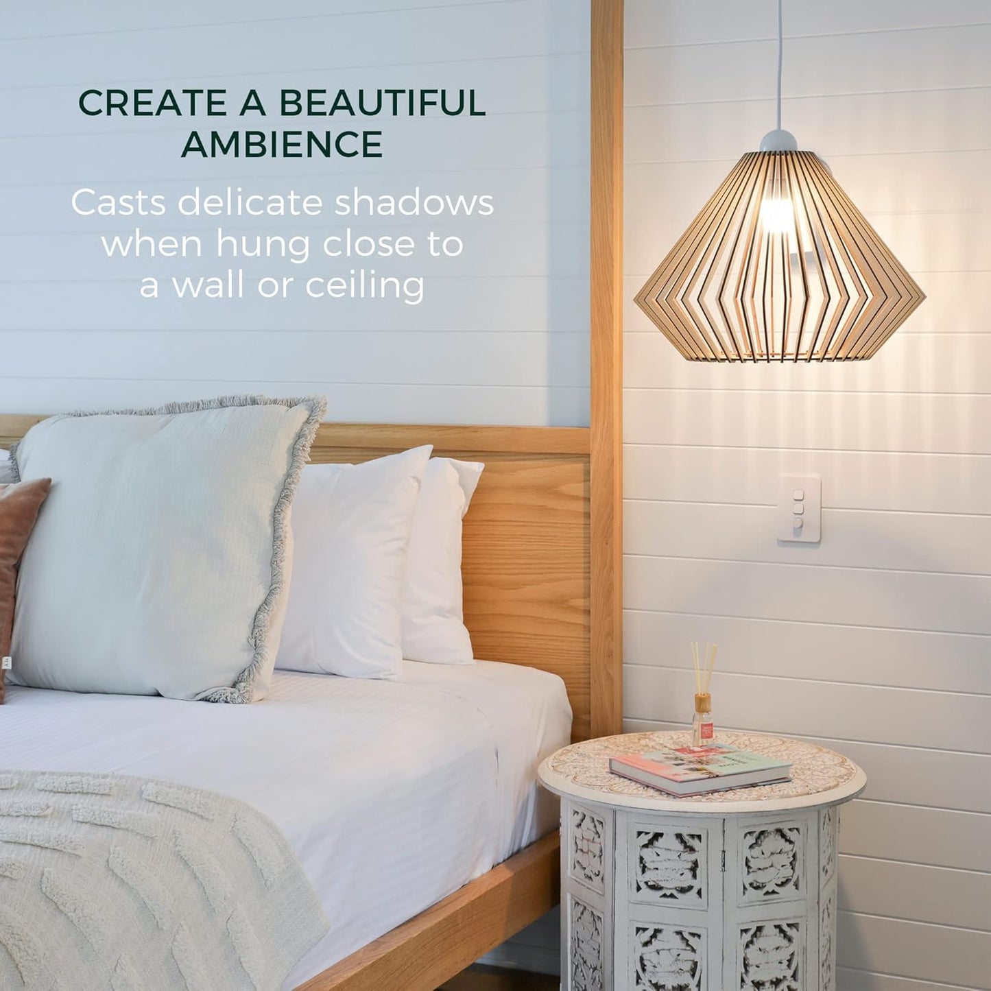 Wood Pendant Light - Easy-To-Assemble Ceiling Chandelier - Modern Boho Hanging Lamp Lighting Fixture for Dining, Kitchen, Bedroom, Living Room - Adjustable Nylon Cord, Uses Standard Bulb