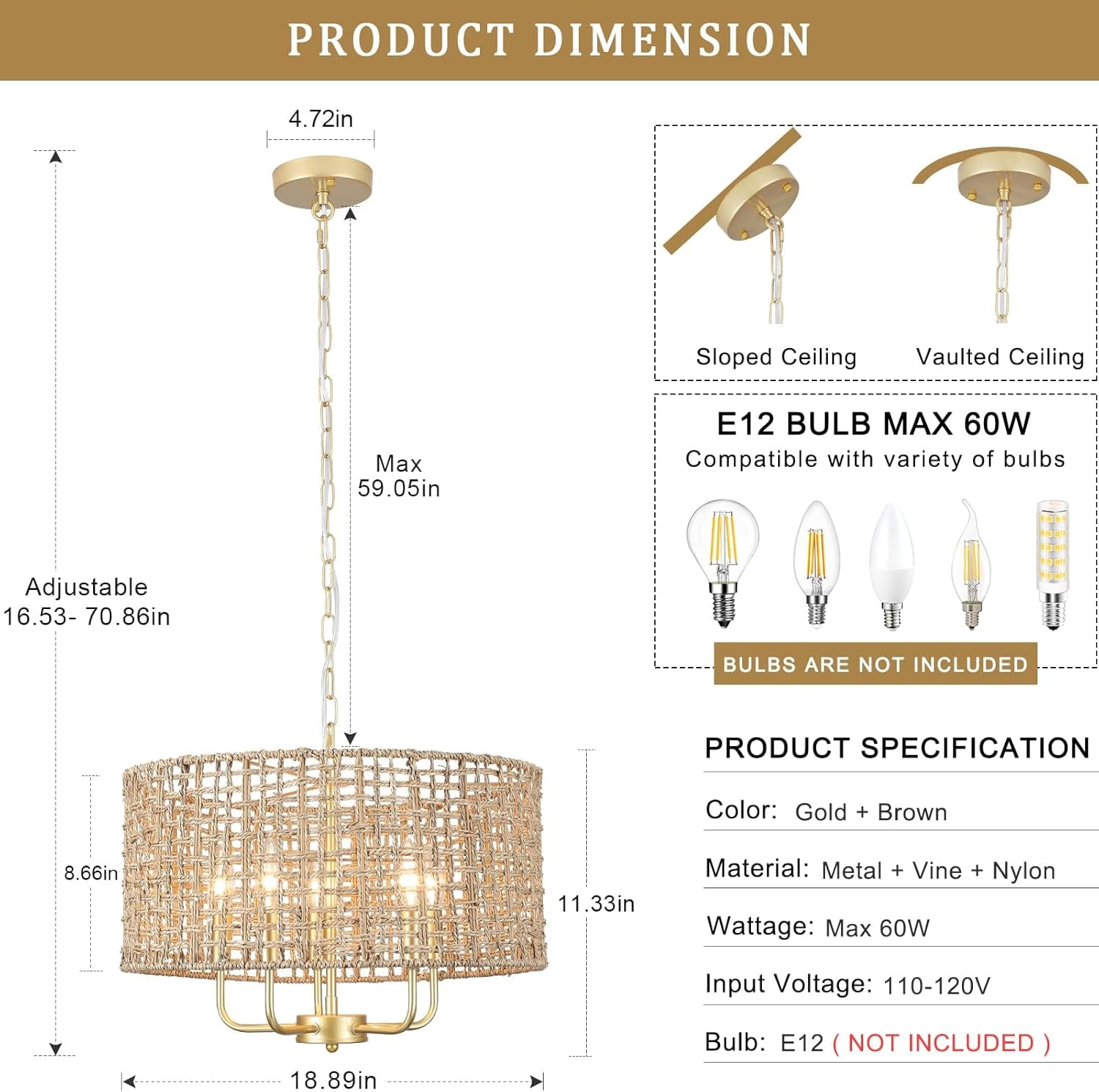 Hand Woven Rattan Chandelier 5 Lights Large Gold Farmhouse Chandelier with Wicker Shade Rustic Boho Pendant Light Fixtures Drum Chandeliers for Dining Room Kitchen Living Room Foyer Entryway Hallway