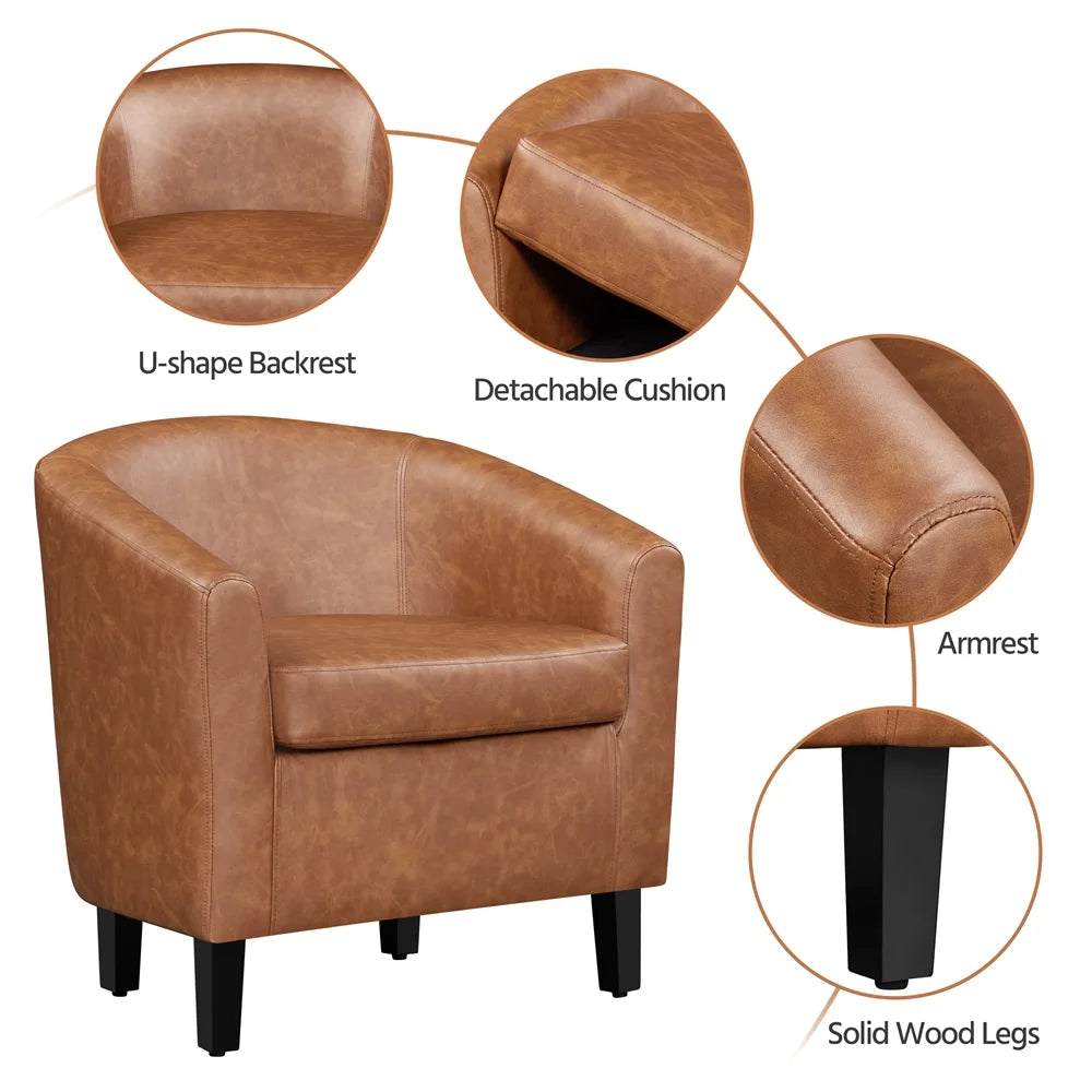 Barrel Accent Chair with Ottoman, Brown Faux Leather