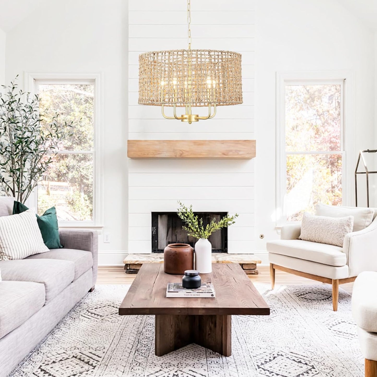 Hand Woven Rattan Chandelier 5 Lights Large Gold Farmhouse Chandelier with Wicker Shade Rustic Boho Pendant Light Fixtures Drum Chandeliers for Dining Room Kitchen Living Room Foyer Entryway Hallway