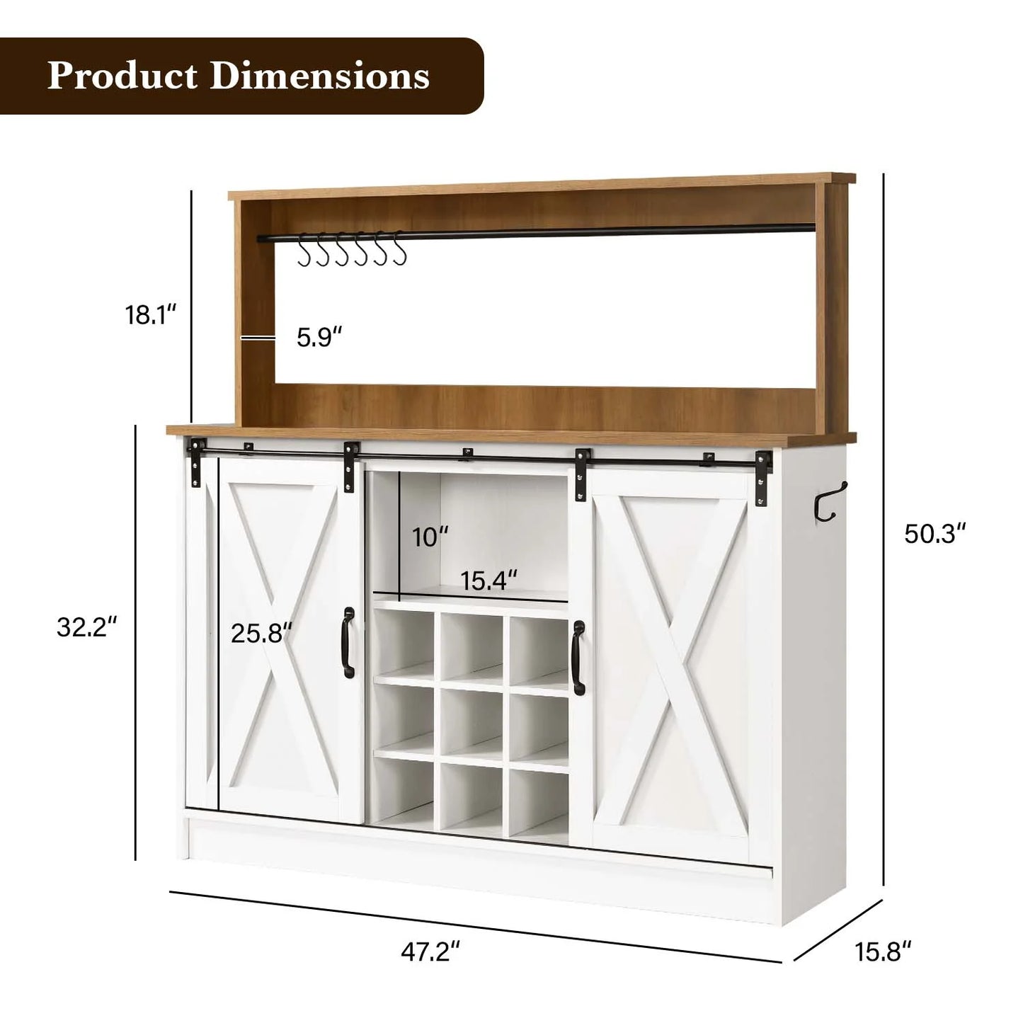 Farmhouse Coffee Bar Cabine, 47" Buffet Cabinet Kitchen Storage Cabinet with Storage Hutch, White