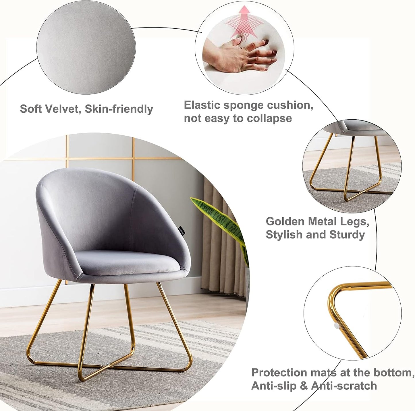 Modern Velvet Dinning Chair with Golden Legs, Lounge Chair Set of 2, Accent Armchair for Living Dining Room Bedroom Reception Chair, Grey