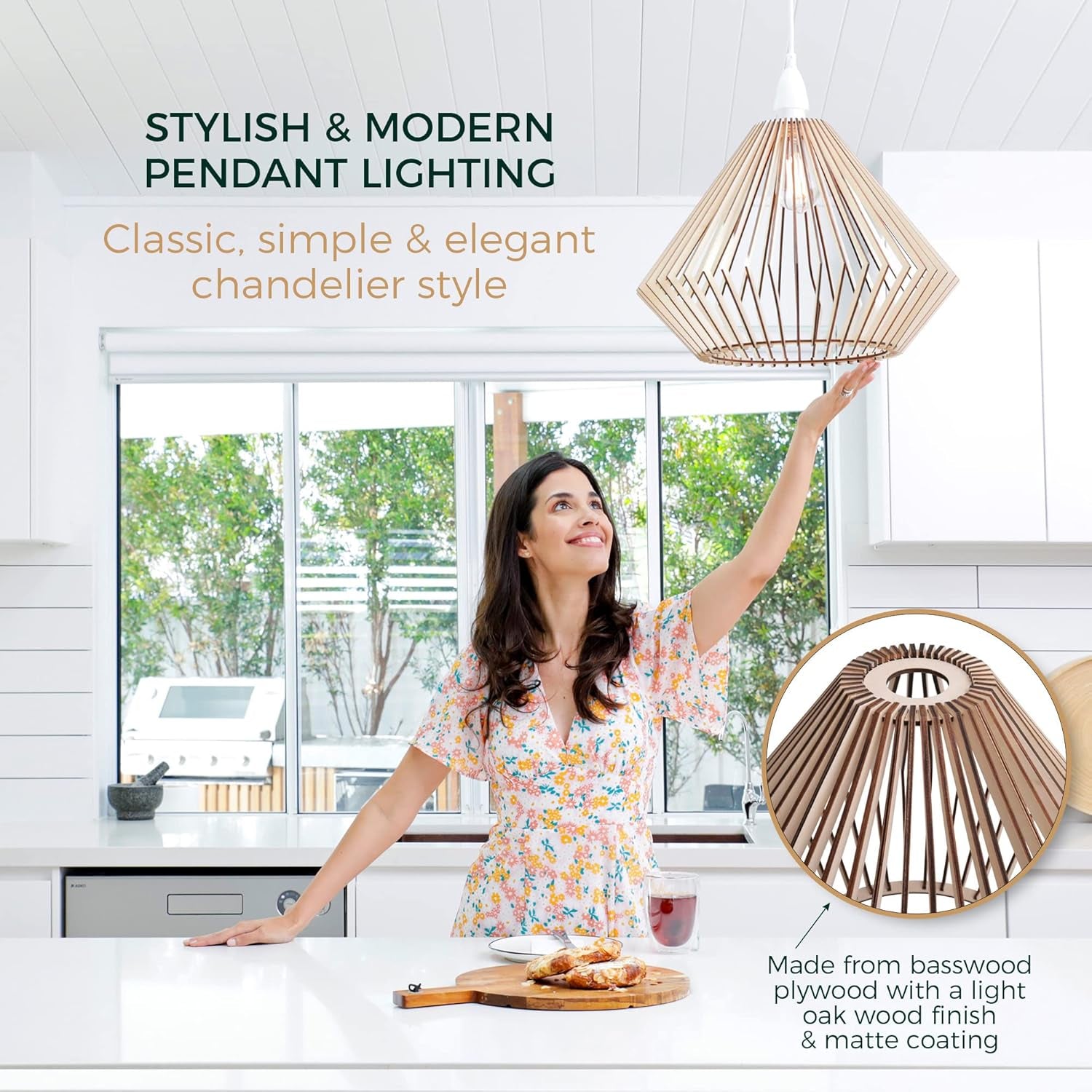 Wood Pendant Light - Easy-To-Assemble Ceiling Chandelier - Modern Boho Hanging Lamp Lighting Fixture for Dining, Kitchen, Bedroom, Living Room - Adjustable Nylon Cord, Uses Standard Bulb