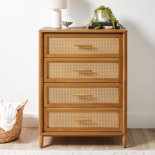 Springwood Caning 4-Drawer Dresser, Light Honey Finish
