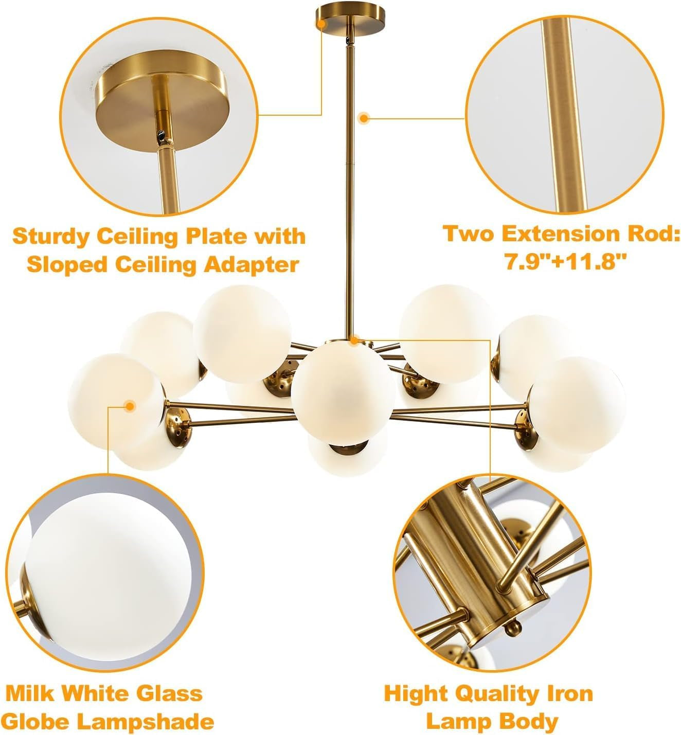 Lighting 12-Light Glass Globe Sputnik Chandelier Light Fixture Mid Century Modern Chandeliers Brushed Brass Chandelier Milk White Glass Ceiling Light Fixture (Gold+White)