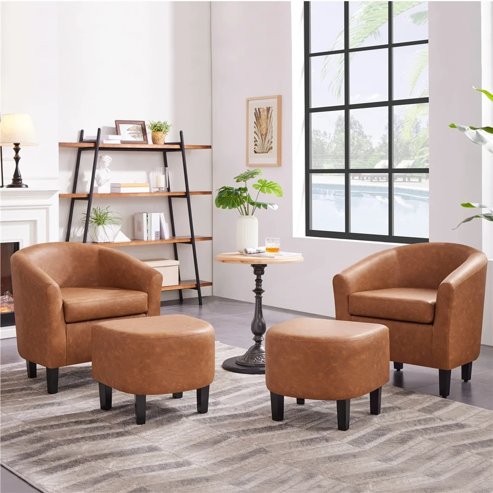 Barrel Accent Chair with Ottoman, Brown Faux Leather