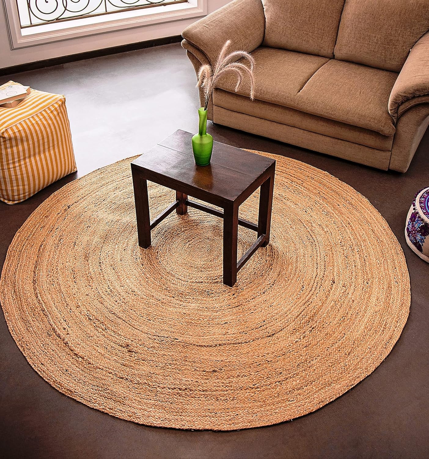 Handwoven Jute Area Rug, Natural Yarn, Rustic Vintage Braided Reversible Rug, Eco Friendly (6 Feet, Round)