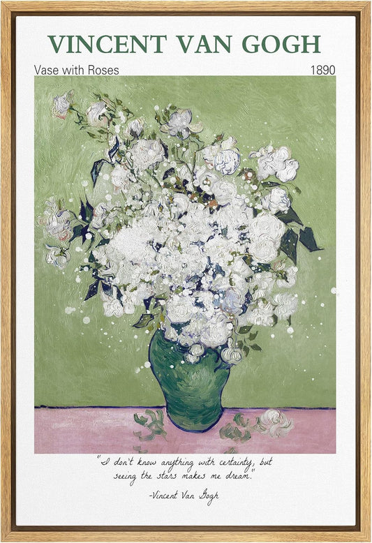 Framed Canvas Print Wall Art Van Gogh Vase with White Roses Floral Brushstroke Illustrations Expressionism Traditional Colorful Multicolor Pastel for Living Room, Bedroom, Office - 24"X36" Natural