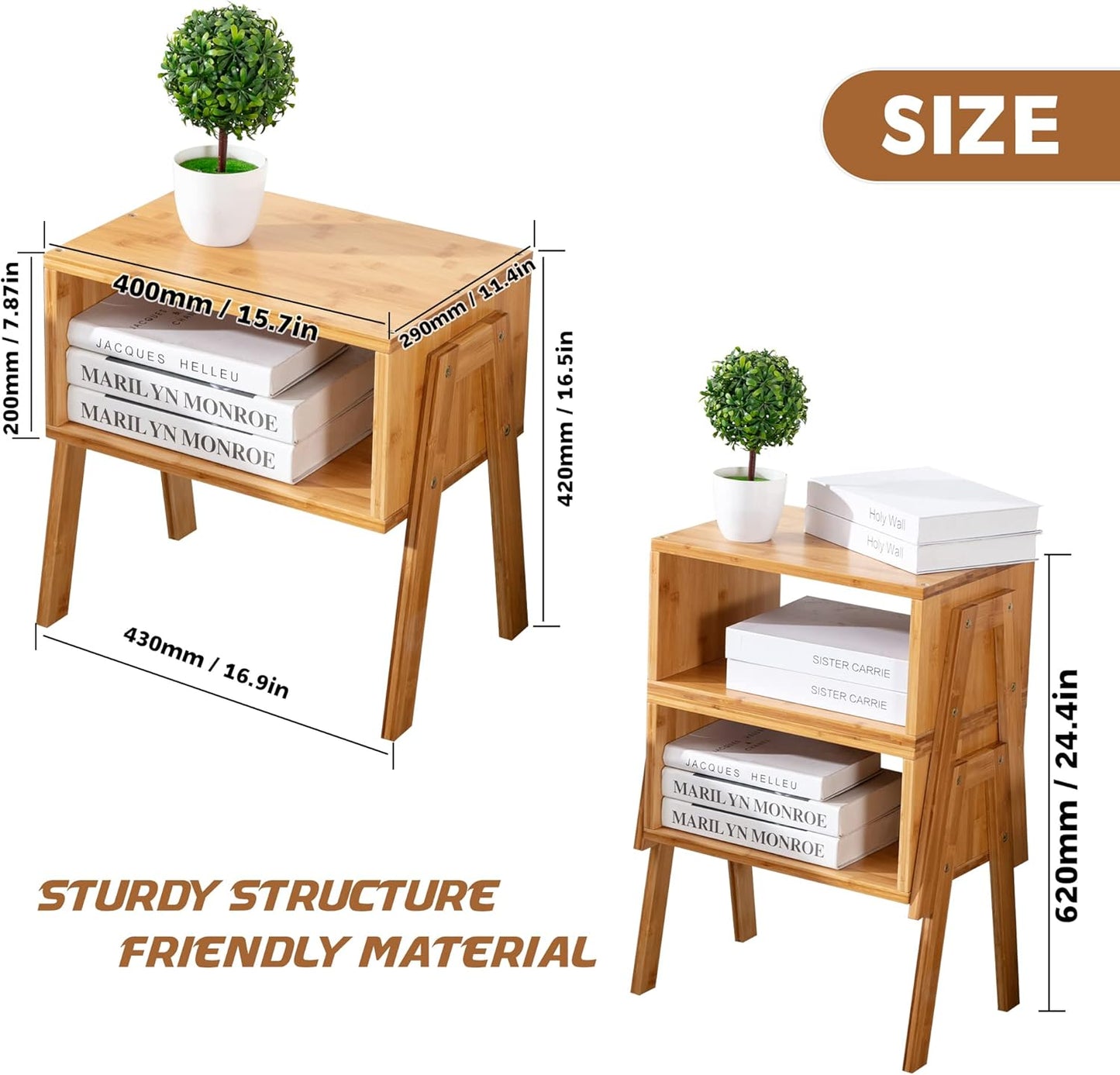 End Tables Bamboo Bedside Stackable Night Stands Living Room for Bed Natural Set of 2