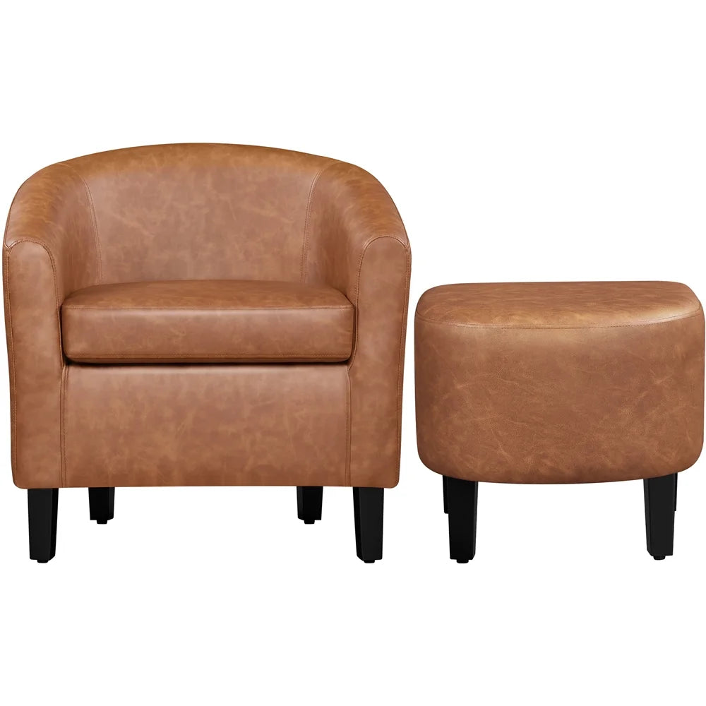 Barrel Accent Chair with Ottoman, Brown Faux Leather