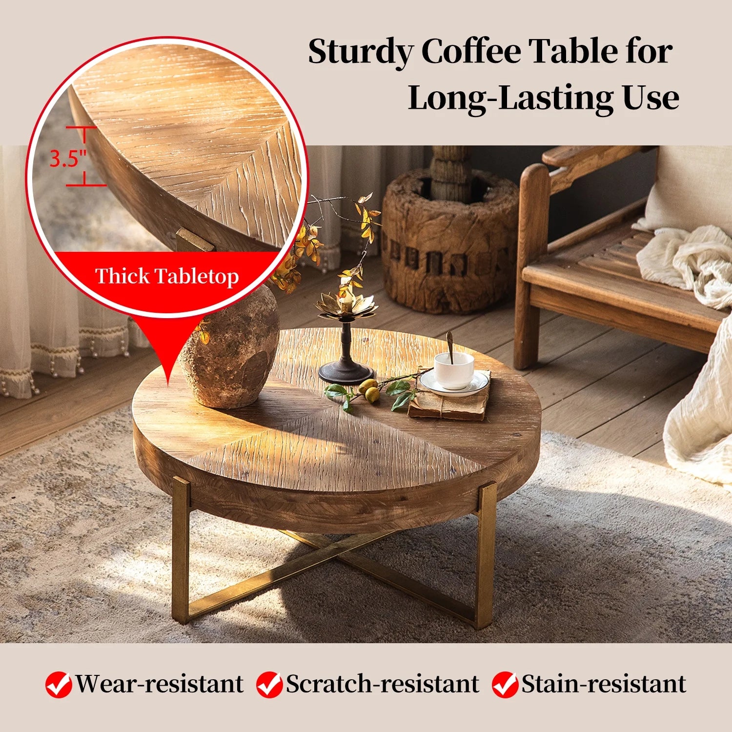 Coffee Table, 32" round Wood Center Table for Living Room, Mid Century Modern Farmhouse round Coffee Table with Gold Metal Legs, Brown