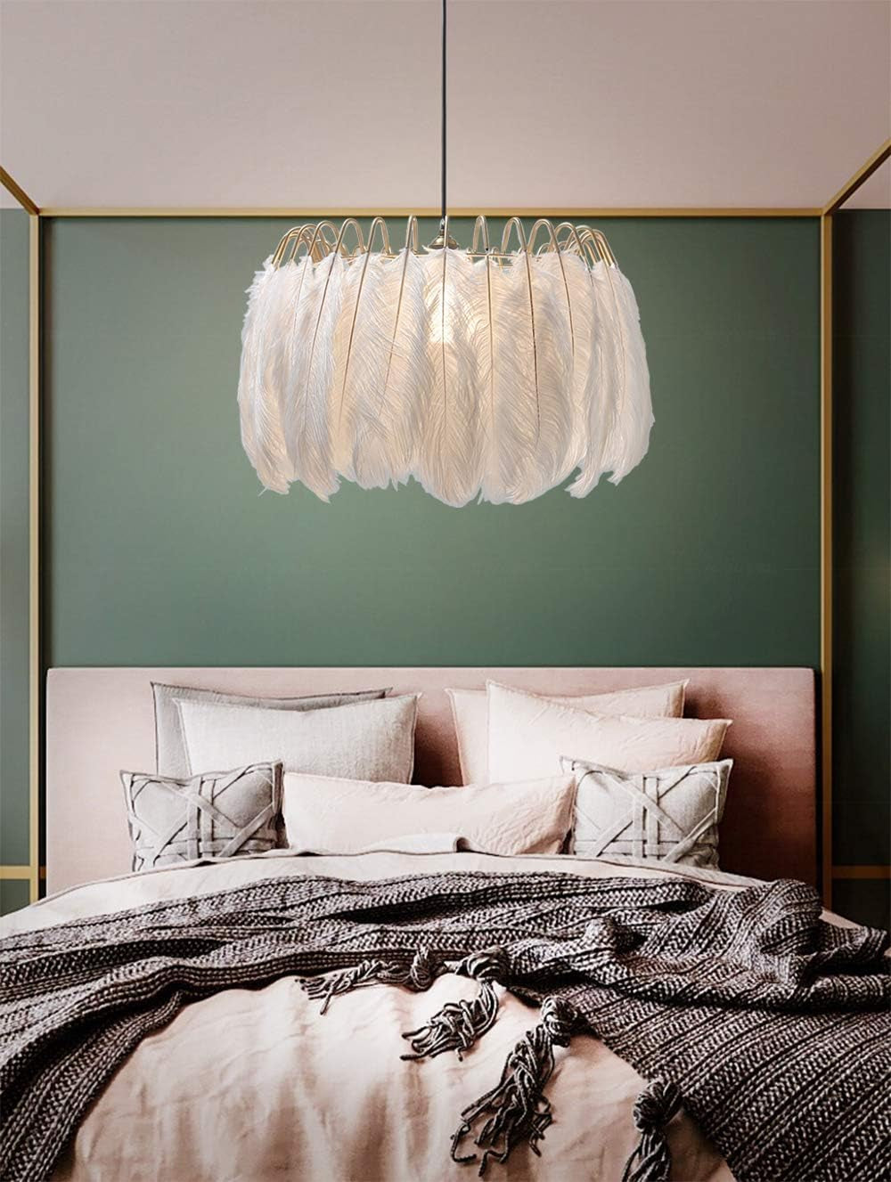Lighting Nordic White Feather Chandelier Minimalist Decor Pendant Light Beautiful Adjustable Hanging Light for Bedroom Girls Room (Large)