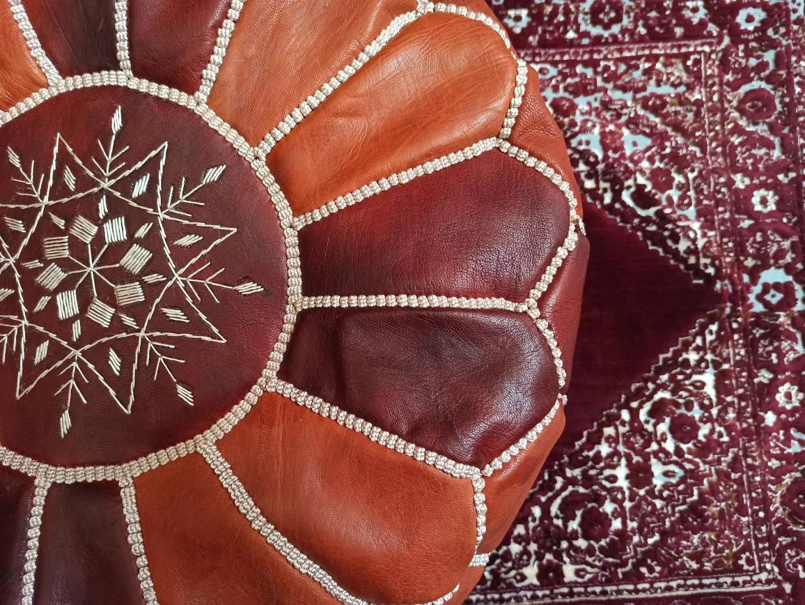 Pouf En Cuir Ottoman Couleurs Mélangées Marron Et Brun Foncé Fait À La Main Marocain Foulon En Cuir Véritable - Pouf Ottoman Repose-Pieds