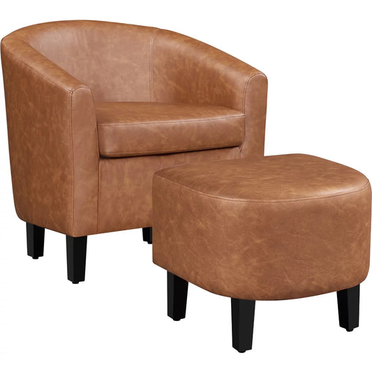 Barrel Accent Chair with Ottoman, Brown Faux Leather