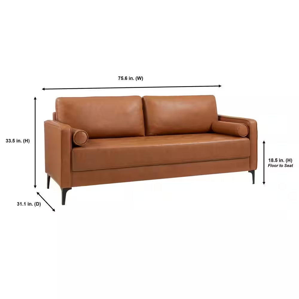 Goodwin 75.6 In. Square Arm Faux Leather Mid-Century Modern Sofa with Bolster Pillows in Caramel Brown