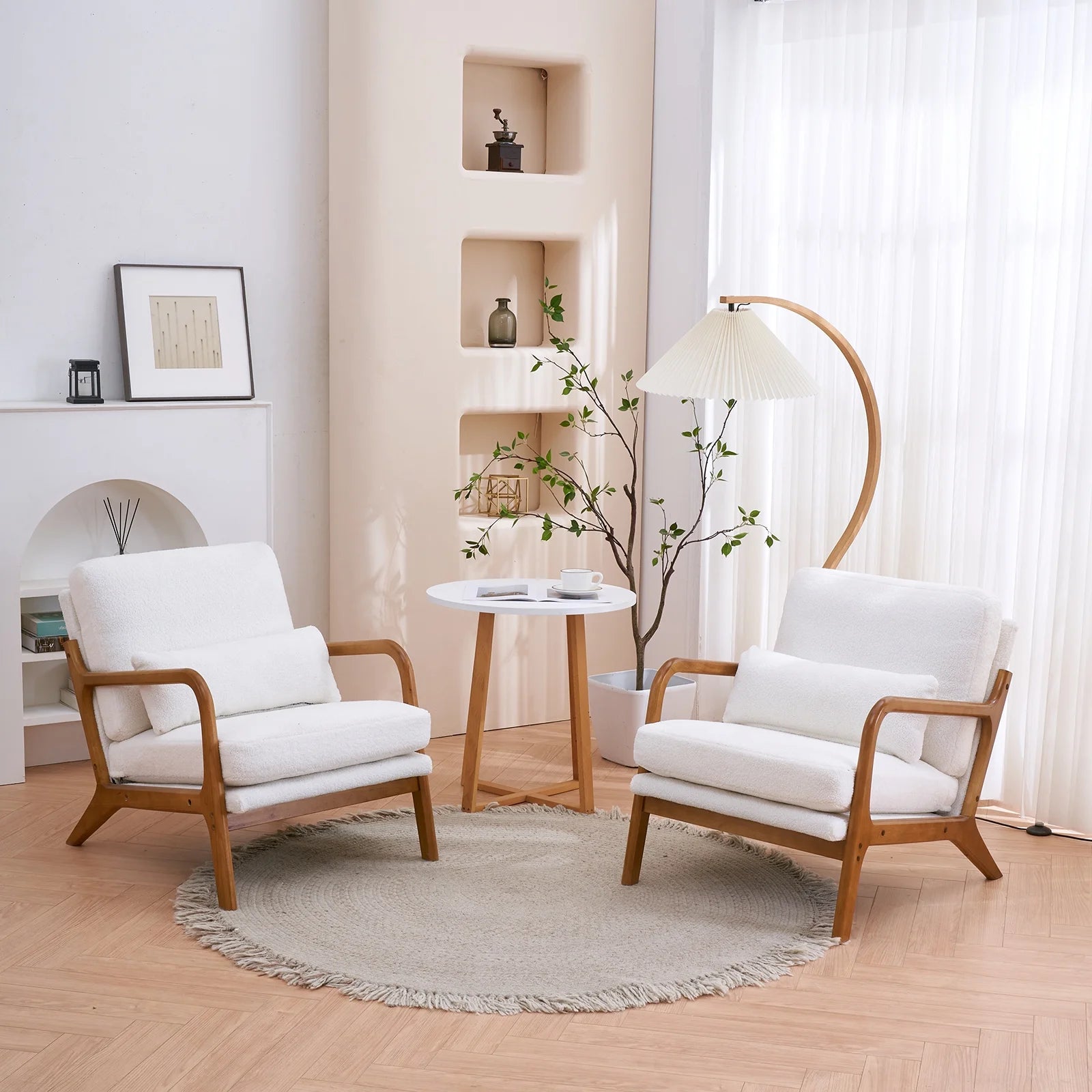 Modern Wood Club Chair Teddy Velvet Fabric Upholstered Reading Accent Chair with Solid Wood Frame Beige