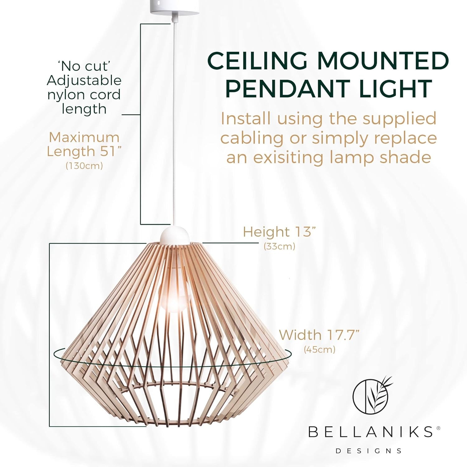 Wood Pendant Light - Easy-To-Assemble Ceiling Chandelier - Modern Boho Hanging Lamp Lighting Fixture for Dining, Kitchen, Bedroom, Living Room - Adjustable Nylon Cord, Uses Standard Bulb