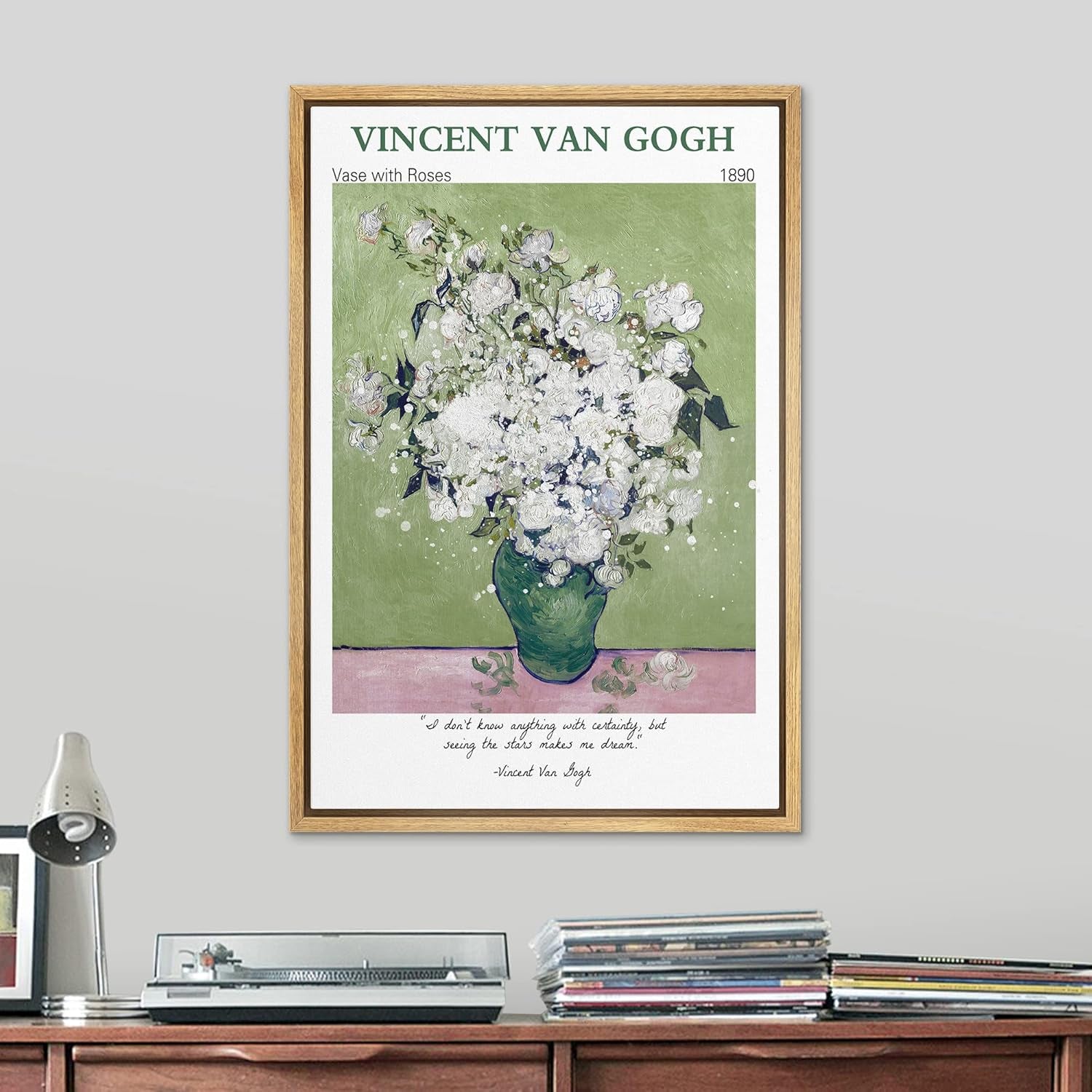 Framed Canvas Print Wall Art Van Gogh Vase with White Roses Floral Brushstroke Illustrations Expressionism Traditional Colorful Multicolor Pastel for Living Room, Bedroom, Office - 24"X36" Natural
