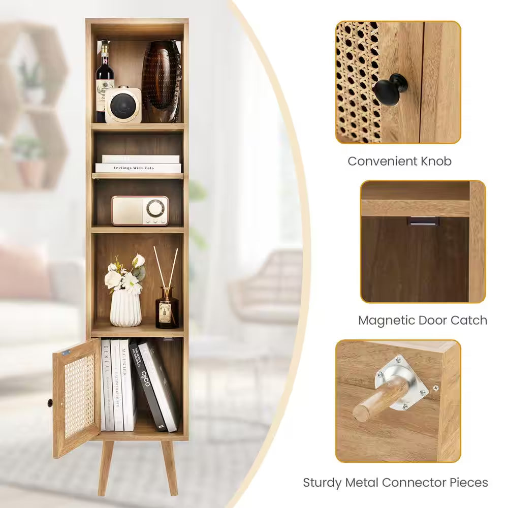 Natural Rattan Storage Cabinet Freestanding Slim Organizer Wood Display Rack Living Room
