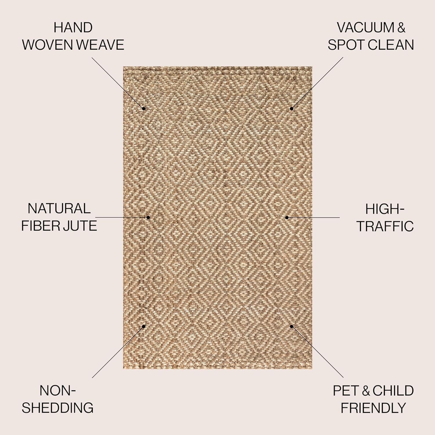 NFR100A-8 Hira Hand Woven Diamond Chunky Jute Indoor Area-Rug Bohemian Farmhouse Easy-Cleaning Bedroom Kitchen Living Room Non Shedding, 92" X 120", Natural Color