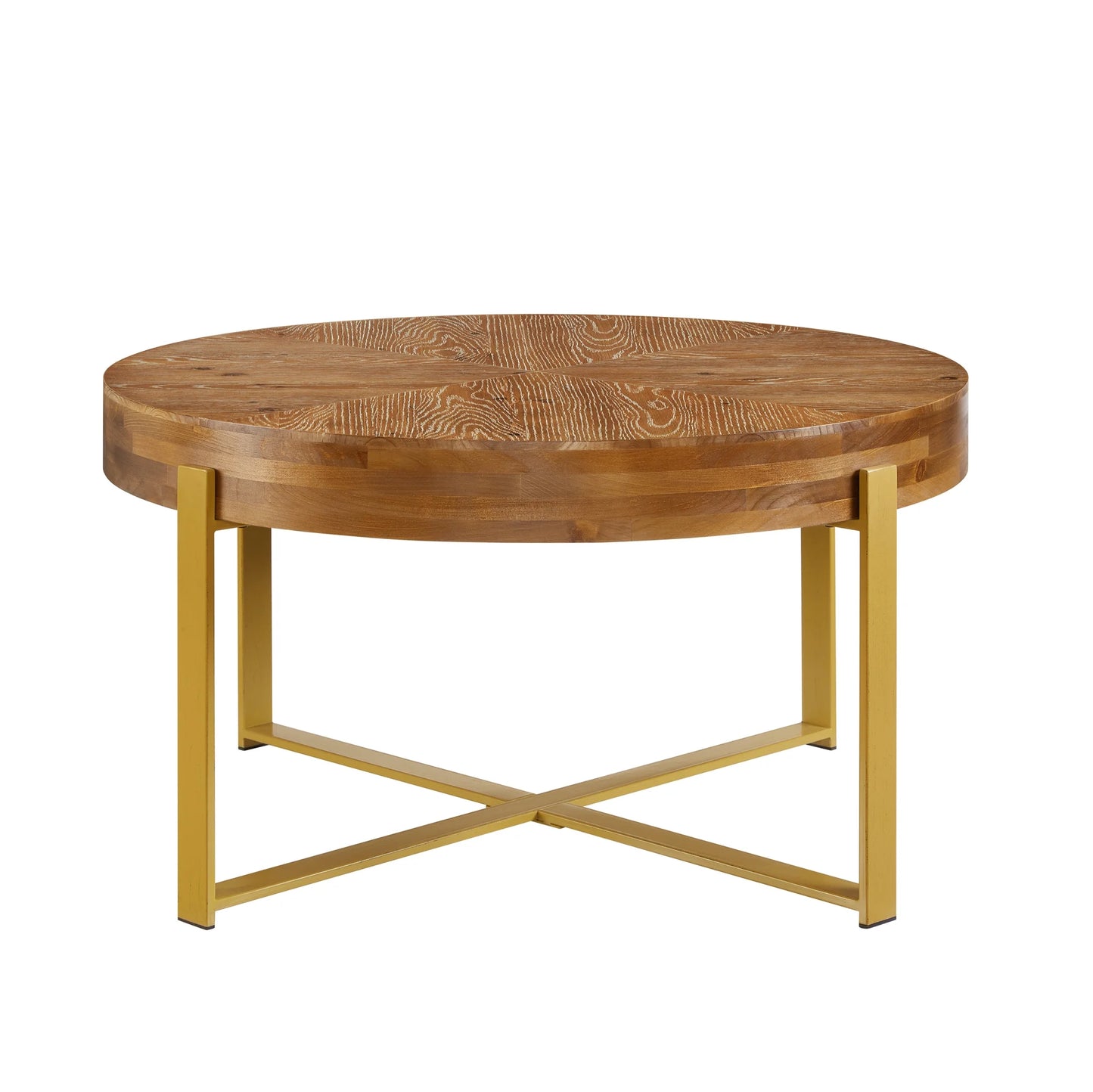 Coffee Table, 32" round Wood Center Table for Living Room, Mid Century Modern Farmhouse round Coffee Table with Gold Metal Legs, Brown
