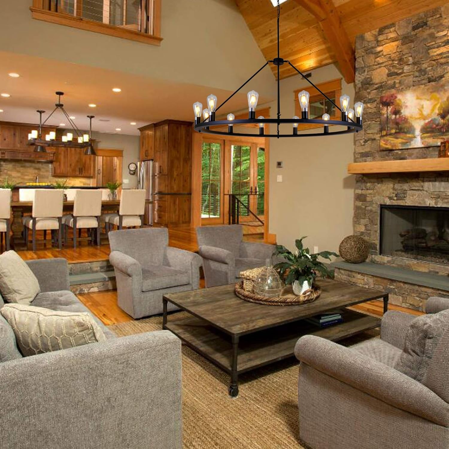 W47'' Wagon Wheel Chandelier Large round Chandeliers for Living Room Foyer Rustic Rod Iron Lighting Fixture Farmhouse Industrial Island Lights Hotel Church Cafe Shops Chandelier