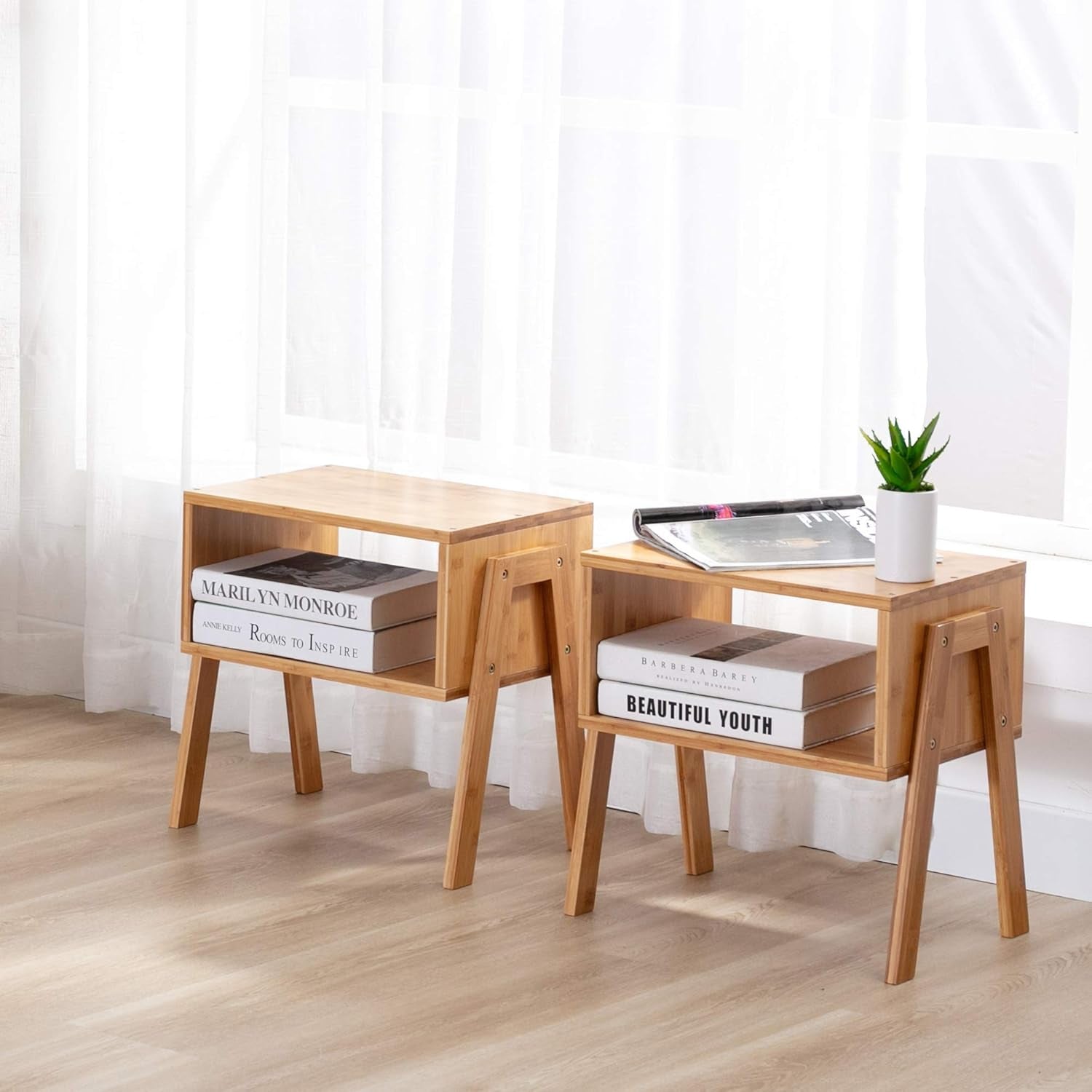 End Tables Bamboo Bedside Stackable Night Stands Living Room for Bed Natural Set of 2