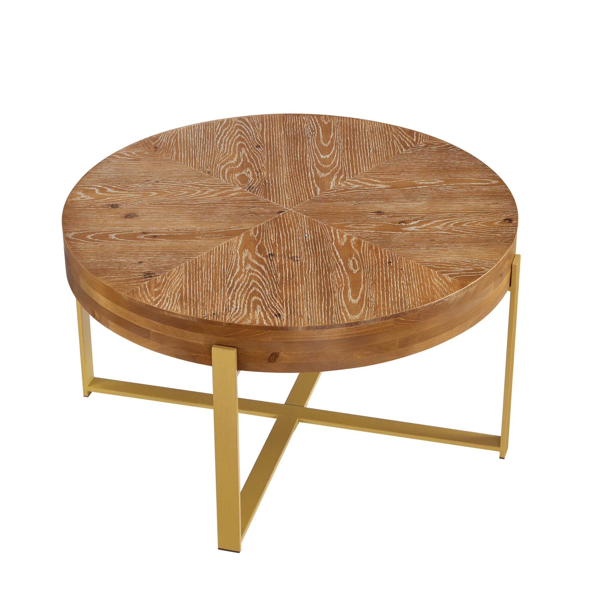 Coffee Table, 32" round Wood Center Table for Living Room, Mid Century Modern Farmhouse round Coffee Table with Gold Metal Legs, Brown
