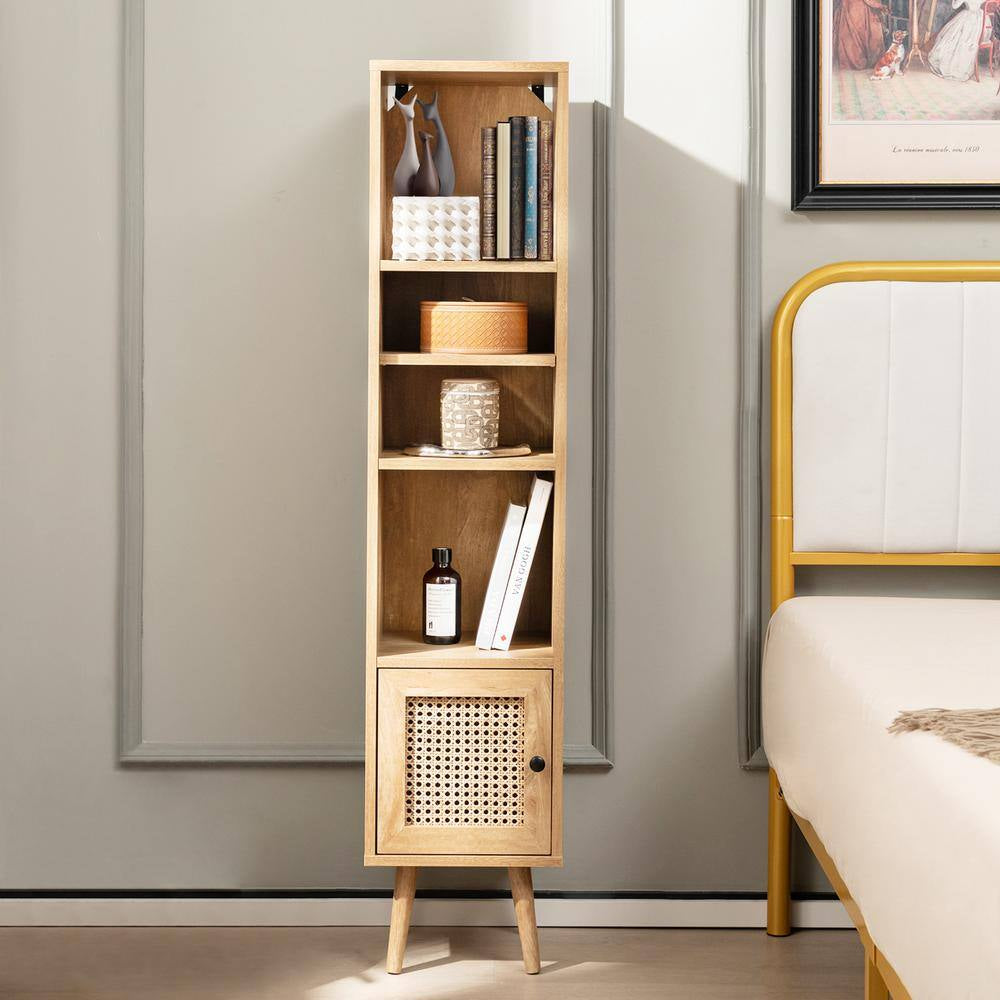 Natural Rattan Storage Cabinet Freestanding Slim Organizer Wood Display Rack Living Room